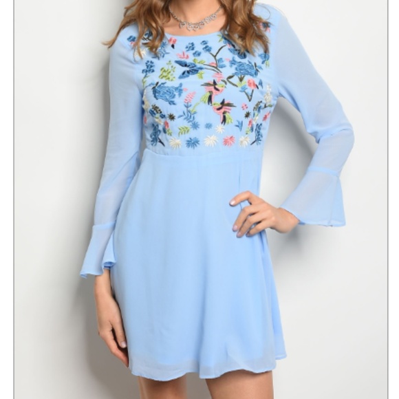 1 LEFT SZ S! Chiffon Embroidered Baby Blue Dress - Picture 2 of 4